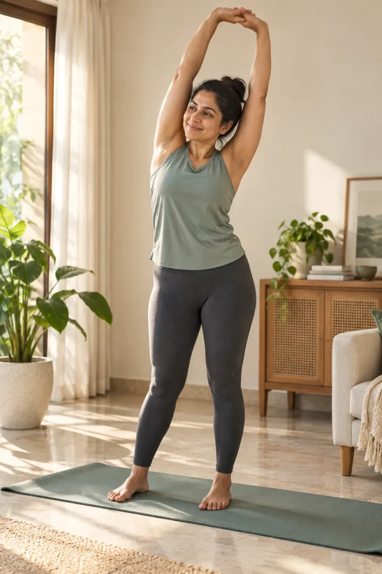 Beginner practicing a bodyweight strength training movement at home