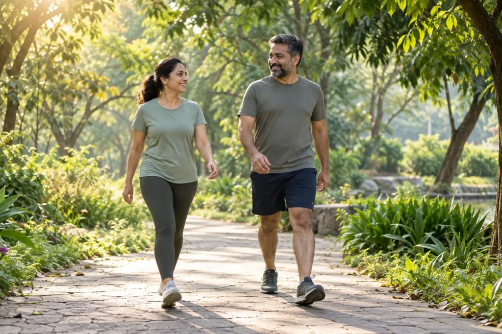 About ThriveShape: two adults walking together on a leafy park path
